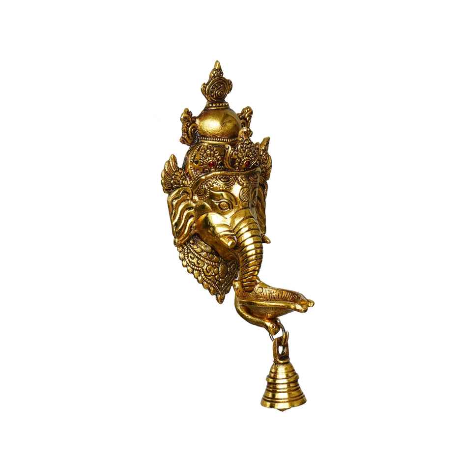 eCraftIndia Golden Metal Lord Ganesha Face Wall Hanging Diya With Bell