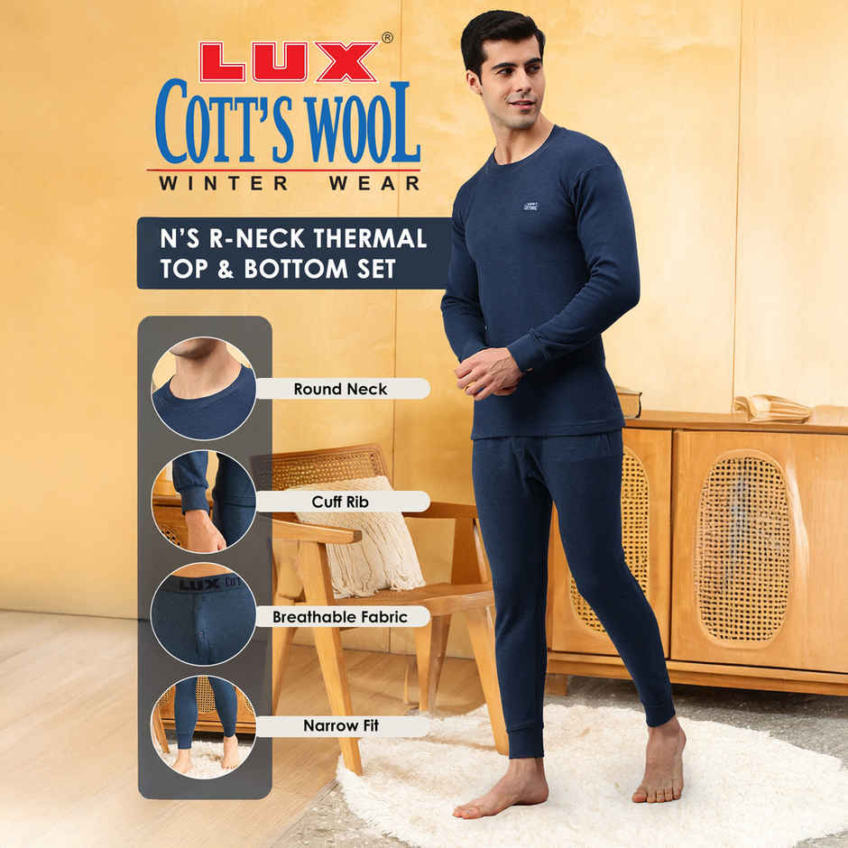 Lux Cottswool Men's Full Sleeves Round Neck Thermal Top And Bottom Set | Blue | 85cm