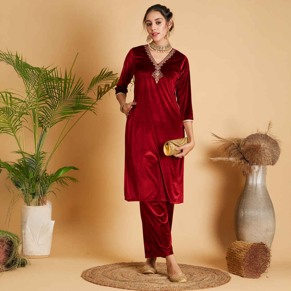 Shae by SASSAFRAS Women's Velvet Embroidered Pocket Straight Kurta | SHKUR00325 | Maroon - XL