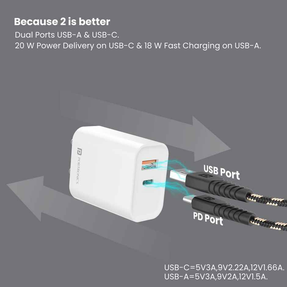 Portronics Adapto 45 22.5W Max Output USB & Type-C Dual Output Super Fast Charger,Wall Adapter Power Delivery 3.0& USB A Fast Charge Adaptor for iPhone,Android & Other Type C Enabled Devices - White
