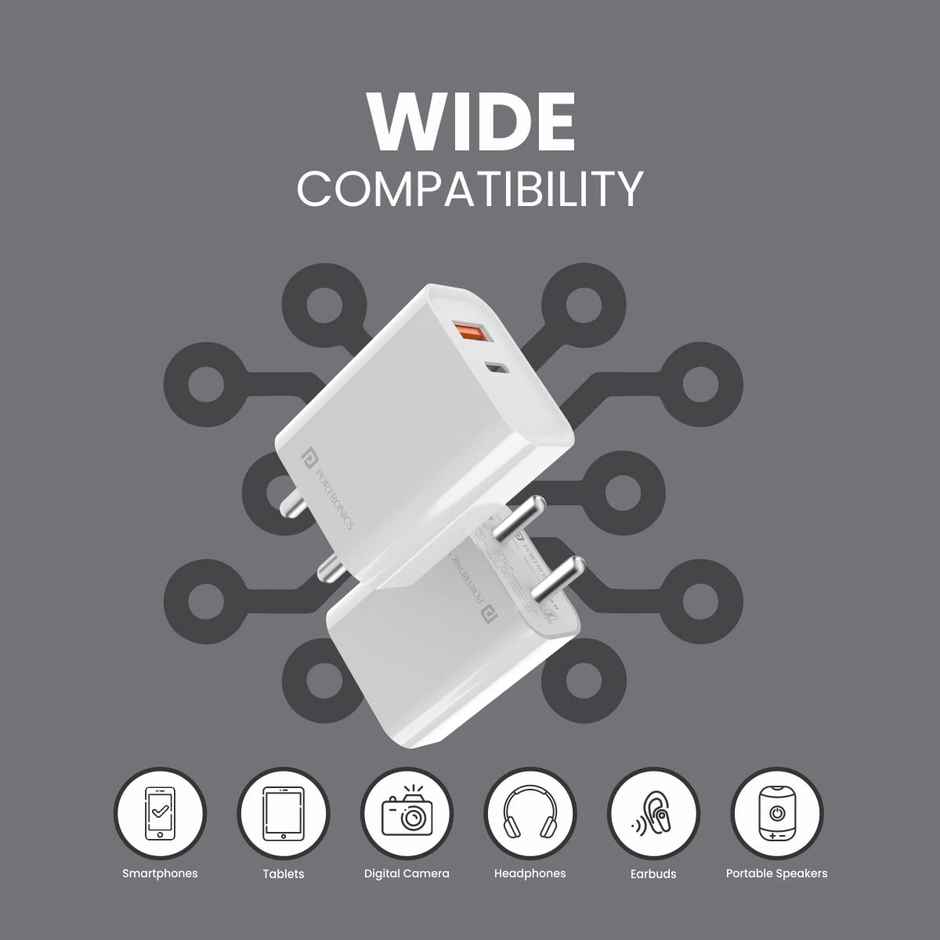 Portronics Adapto 45 22.5W Max Output USB & Type-C Dual Output Super Fast Charger,Wall Adapter Power Delivery 3.0& USB A Fast Charge Adaptor for iPhone,Android & Other Type C Enabled Devices - White