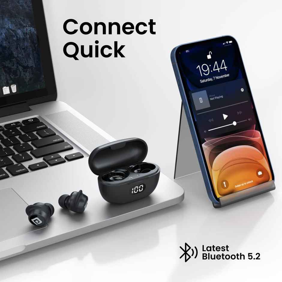 Portronics Harmonics Twins S5 Smart TWS Earbuds with LED Display, 15Hrs Playtime, Bluetooth 5.3V, Music & Game Modes, Low Latency, Ipx4 Water Resistant, Voice Assistant, Type C Fast Charging - Black