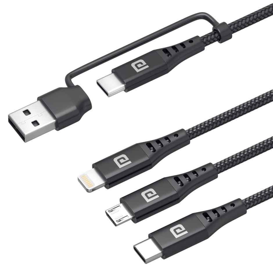 Portronics Konnect J9 3-in-1 (Type C + 8Pin + Micro USB) Cable with Changeable USB Head with 3.0 A Total Output, 1.5M Cable Length - Black