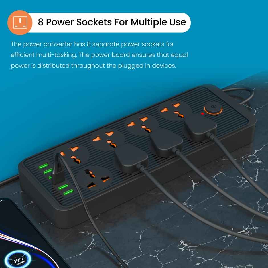 Portronics Power Plate 7 with 6 USB Port + 8 Power Sockets Power Strip Extension Board with 2500W, 3Mtr Cord Length, 2.1A USB Output, 250 Volts - Black