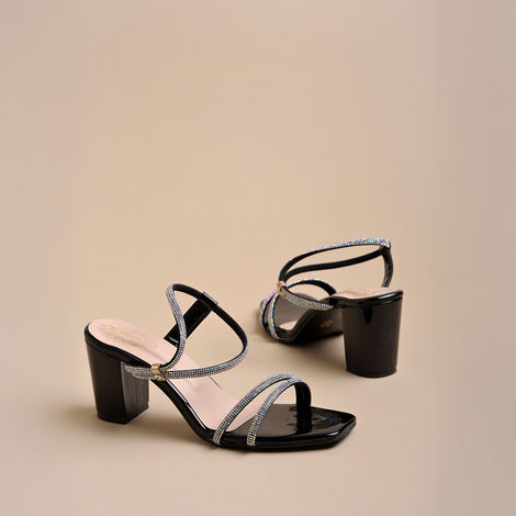Shoetopia Women's Embellished Rhinestones Strap Heels | Heel-1246 | Black - UK 3