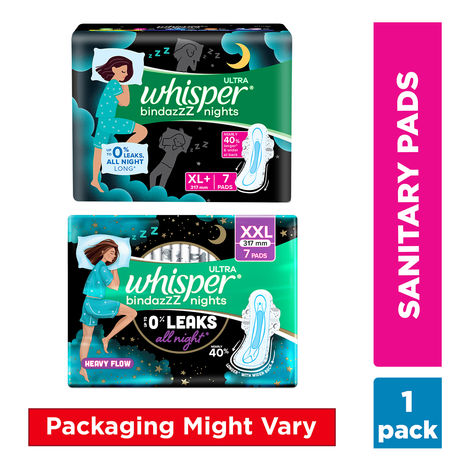 Whisper Bindazzz Nights XXL Sanitary Pads, Upto 0% Leaks All Night Long