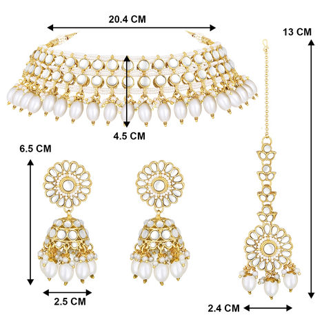 Peora Gold Plated White Kundan Choker Necklace with Jhumki Earrings & Maang Tikka Ethnic Jewelry