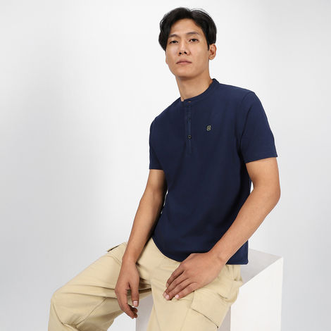 Urbano Fashion Men's Slim Fit Solid Mandarin Collar Cotton T-Shirt | Navy Blue - L