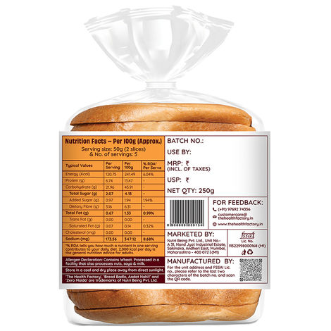 The Health Factory Zero Maida Bread - 100% Whole Wheat