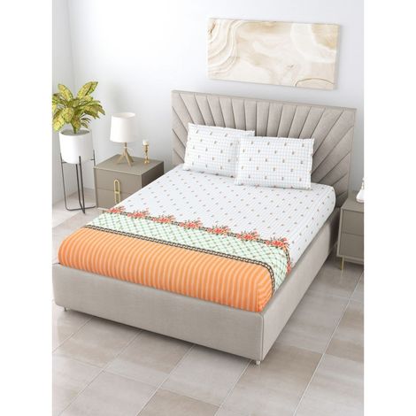 Bombay Dyeing Thyme 210 TC 100% Cotton Satin Peach Super King Size Bedsheet with 2 Pillow Covers