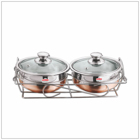 Kitchen Essentials Stainless Steel 2Pc Copper Handi Set With Glass Lid + Copper Stand (14Cm + 14Cm)