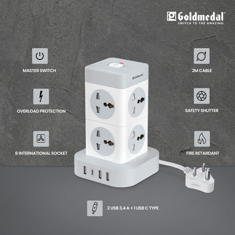 Gold Medal Turbomax 8+4 Extension Board | 8 Universal Sockets with Safety Shutter | 3 USB & 1 USB-C Port | Master Switch with Indicator | 2-Meter Extension Cord