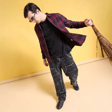 The Indian Garage Co Men's Slim Fit Checkered Casual Shirt | Navy Blue - S