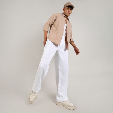 Campus Sutra Men's Tailored Linen-Blend Trousers | White - 32