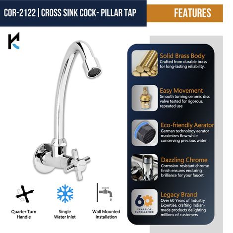 Kamal Cross Sink Cock Pillar Tap Faucet