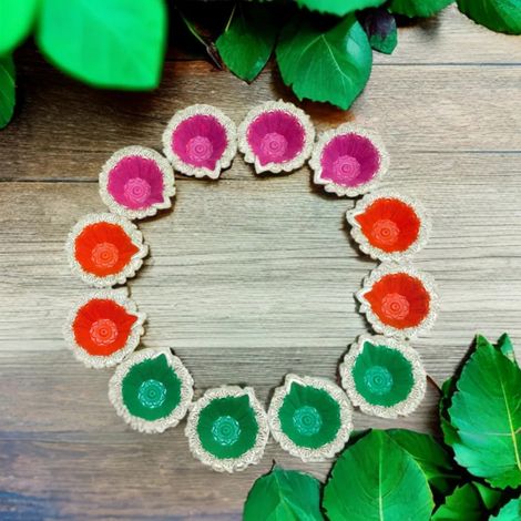 Multicolor Varnika Diya | Multicolour | Pack Of 12 | Designer Clay Diya | DiaCraft