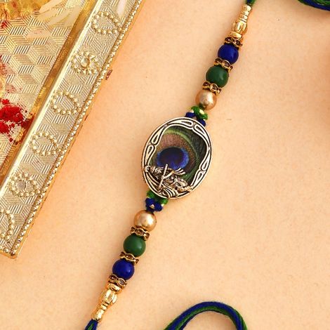 Thread Peacock Feather Beaded Single Rakhi (Voylla)