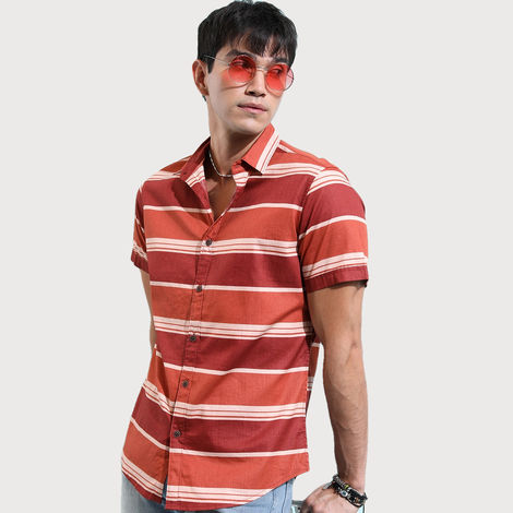 Ketch Men Horizontal Striped Spread Collar Cotton Slim Fit Casual Shirt | Brown | XL