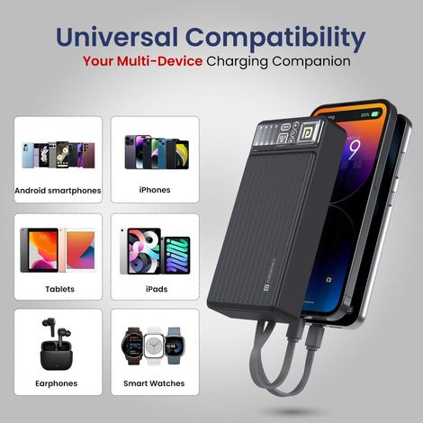 Portronics Luxcell Bind 20000mAh Wired Powerbank with 22.5W Fast Charging, in-Built Type C PD(Input & Output) /8 Pin Cable, LED Indicator, USB-A Mach Output, Compatible with Smartphones,Tablets - Black