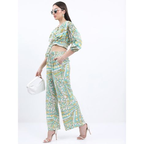 Ketch Women Abstract Printed Crop Top With Pant Co-Ords | Green | XL