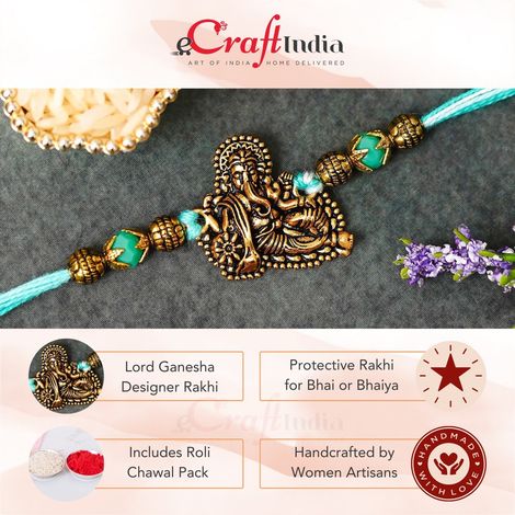 Religious Golden Lord Ganesha Designer Raksha Bandhan Rakhi for Bhai Bhaiya with Roli Chawal Pack (eCraftIndia)