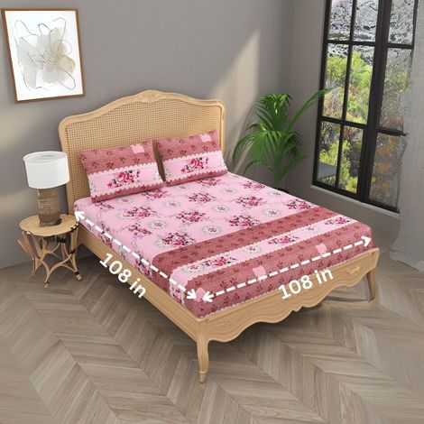 House Of Gulab 100% Cotton Double Bedsheet Floral - Pink