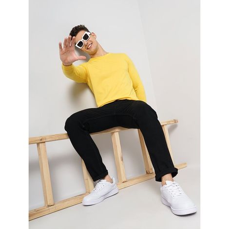 The Indian Garage Co Men Casual Regular Fit Yellow Solid Full Sleeve T-Shirt - XL