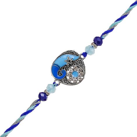 Peacock Blue Designer Rakhi for Brother, Bhai, and Bhaiya with Roli Chawal Pack (eCraftIndia)