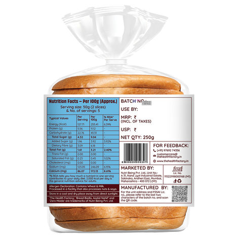 The Health Factory Zero Maida Milk Bread | Clean Label - Not Brown