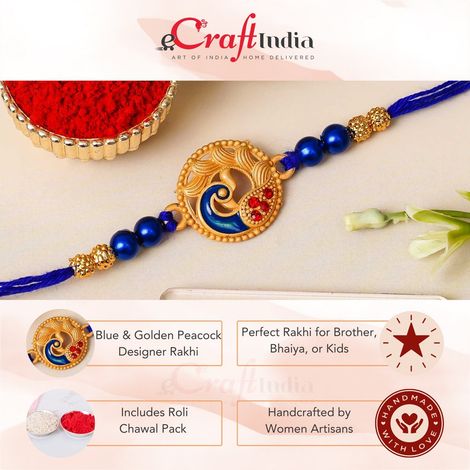 Peacock Blue Golden Designer Rakhi for Brother, Bhai, and Bhaiya with Roli Chawal Pack (eCraftIndia)