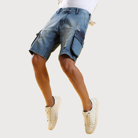 Campus Sutra Men's Distressed Cargo Denim Shorts | Blue - 36