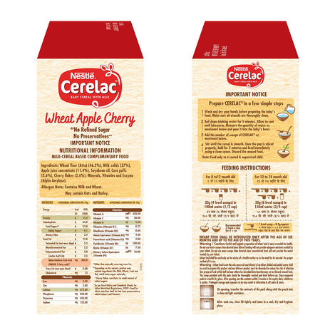 Nestle Cerelac Wheat Apple Cherry Baby Food Cereal,No Refined Sugar, No Preservatives,8 - 24 Months