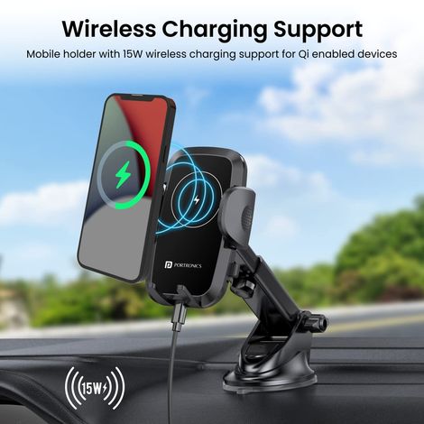 Portronics Charge Clamp 2, Mobile Holder With Wireless Charging - Black