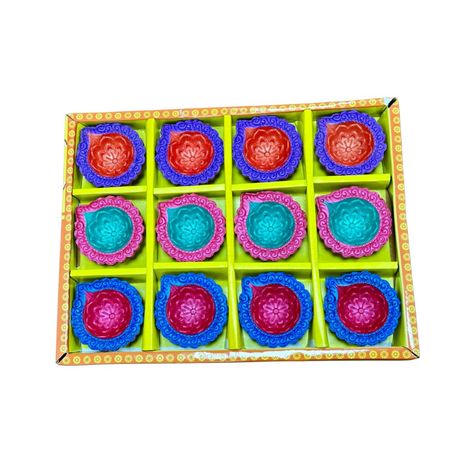 Multicolor Diya | Pack Of 12 | Designer Clay Diya | DiaCraft