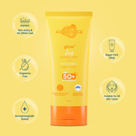 Aqualogica Glow+ Dewy Sunscreen SPF 50+ PA++++ with Anti Pollution Factor (APF) | Papaya & Vitamin C