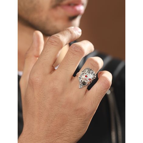Priyaasi Bold By Priyaasi Red-Eyed Lion Oxidised Silver Ring For Men (Bd-Rng-30031)
