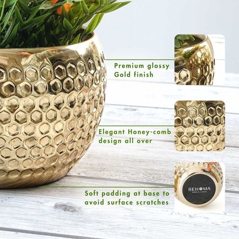 Behoma Metal Honeycomb Design Planter - Gold | Set of 2 | 4.9 Inch & 3.9 Inch