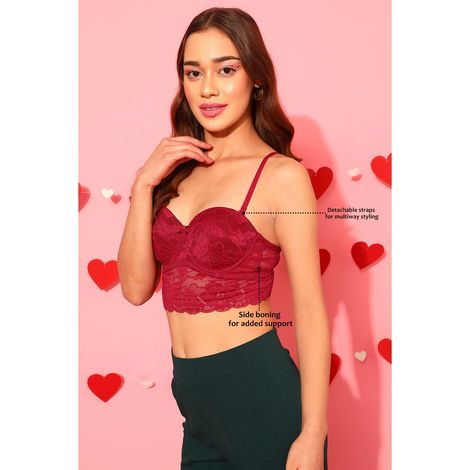 Clovia Women Padded Underwired Full Coverage Multiway Longline Bralette - Lace | Red | 38C