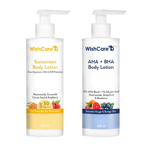Wishcare Spf50 Niacinamide Sunscreen Body Lotion With No White Cast (200g) & Wishcare 10% Aha + 1% Bha Body Lotion With Niacinamide - Smooths Rough  Bumpy Skin (200g) Combo