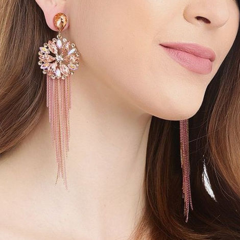YouBella Jewellery Crystal Tassel Handmade Earrings For Girls And Women - Peach