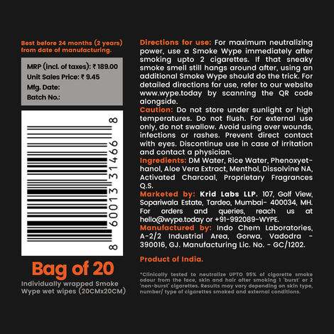 Wype - After - Smoke Odour Neutralizing and Refreshing Wet Tissue