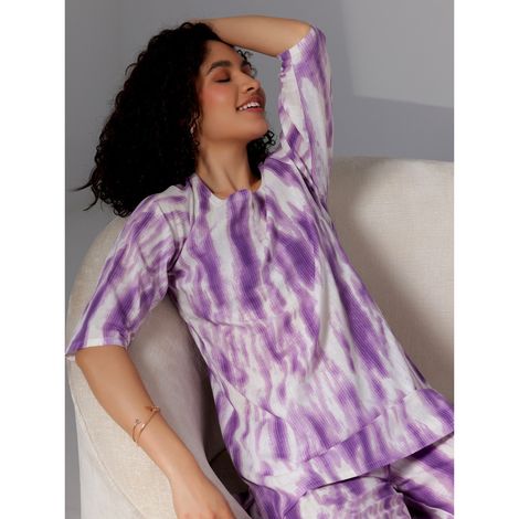 Libas Abstract Printed Women's Kurti With Printed Pyjamas | Purple White | L