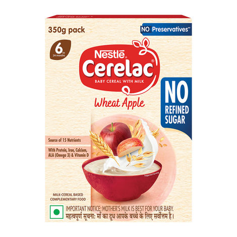 Nestle Cerelac Wheat Apple Baby Food Cereal, No Refined Sugar & No Preservatives, 6 to 24 Months