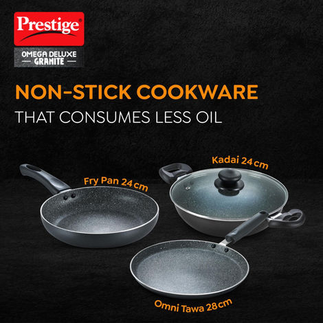 Prestige Omega Deluxe Granite Non-Stick Byk Cookware Set (Aluminum)|Black, 3 Piece