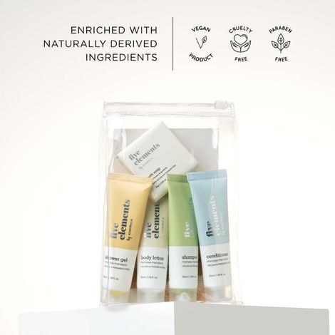 Kimirica Five Elements Travel Kit | 6-in-1 Bath Essentials with Loofah in Pouch | Self-Care Set