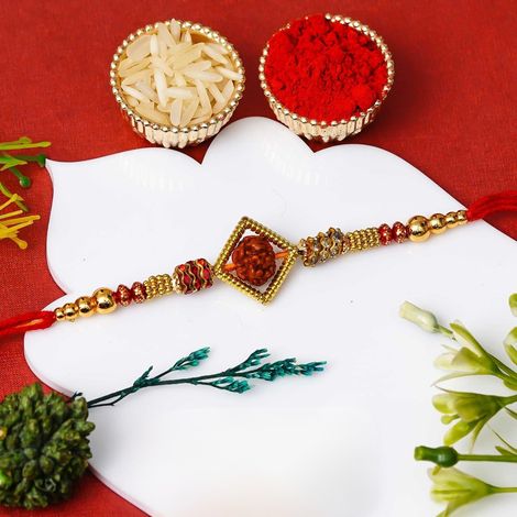 Religious Rudraksha Rakhi for Brother | Raksha Bandhan Rakhi for Bhai Bhaiya | Rakhi with Roli Chawal Pack (eCraftIndia)