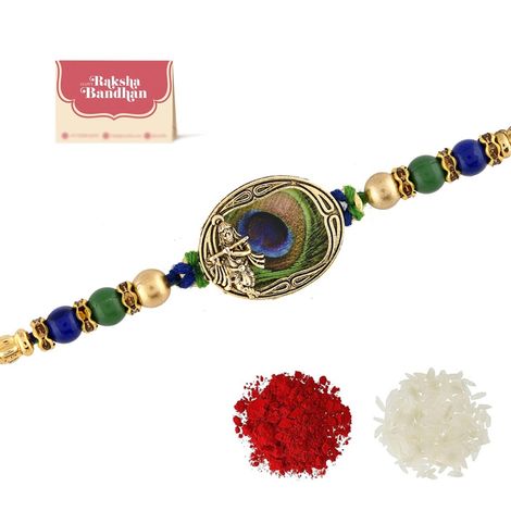 Thread Peacock Feather Beaded Single Rakhi (Voylla)