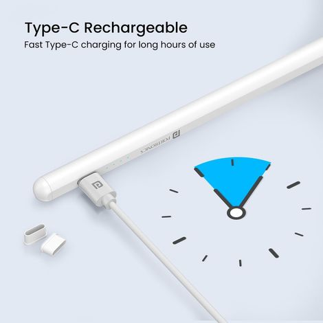Portronics Glide Stylus Pencil for iPad Tablets with Angle Tilt Sensitivity, Palm Rejection, Attaches Magnetically, Battery LED Indicator, Type-C Charging