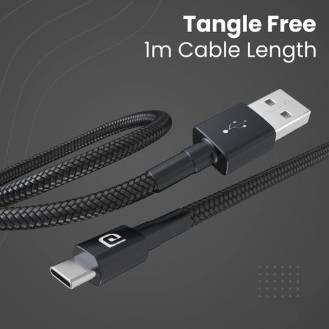 Portronics 65W  Konnect B Type C Cable with 3.0A Output, Nylon Braided, Fast Data Sync, Tangle Resistant, 1M Length - Black