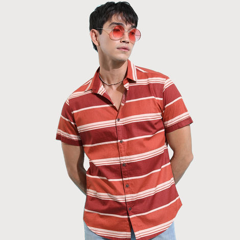 Ketch Men Horizontal Striped Spread Collar Cotton Slim Fit Casual Shirt | Brown | XL